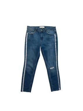 ZARA ~ Blue Distressed Medium Wash Skinny Jeans with Silver Tuxedo Stripe size 8